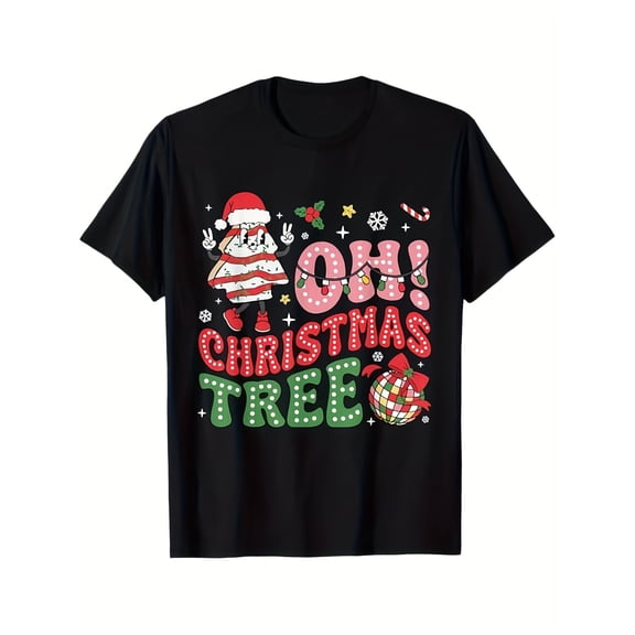 Black Christmas TShirt with Pizza Character in Santa Hat Oh Christmas Tree Text and Holiday Decorations Unisex Tee