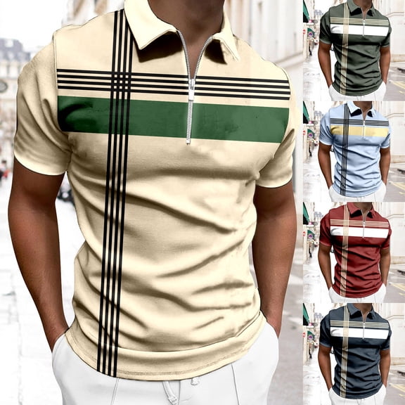 Mens Color Block Striped Polo Shirt Short Sleeve T Shirts Casual Summer Breathable Top Army Green L