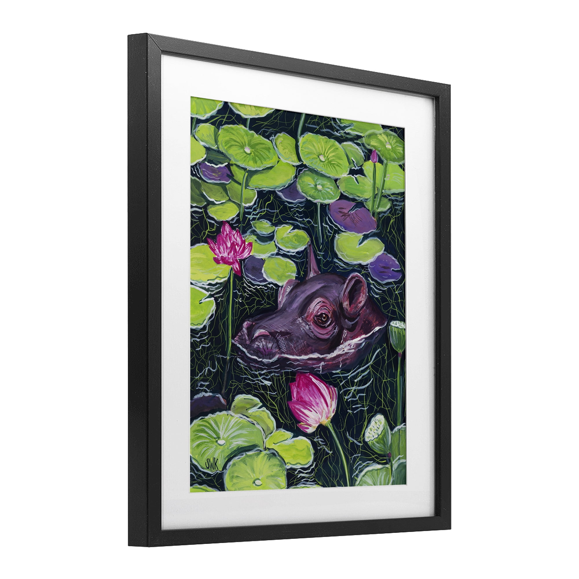 Stupell Industries Hippo & Blossoms Pond Black Framed Print Under Glass, design by Sarah Waldron Kimball