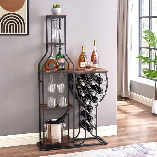 5 Tier Freestanding Wine Racks & Cabinets with Storage Shelves, 11 Bottle Wine Stand for Living Room, Floor Wine Racks with Glasses Holder for Wine Bottles (Brown)