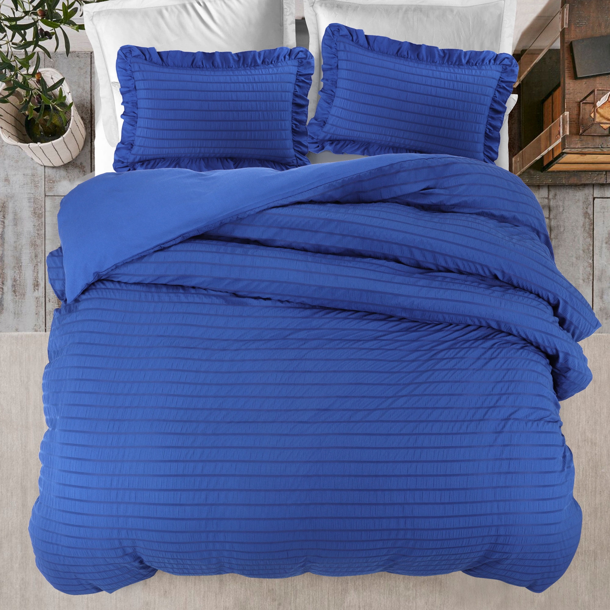 Unique Bargains Microfiber 3 Pieces Seersucker Duvet Cover Set King Royal Blue