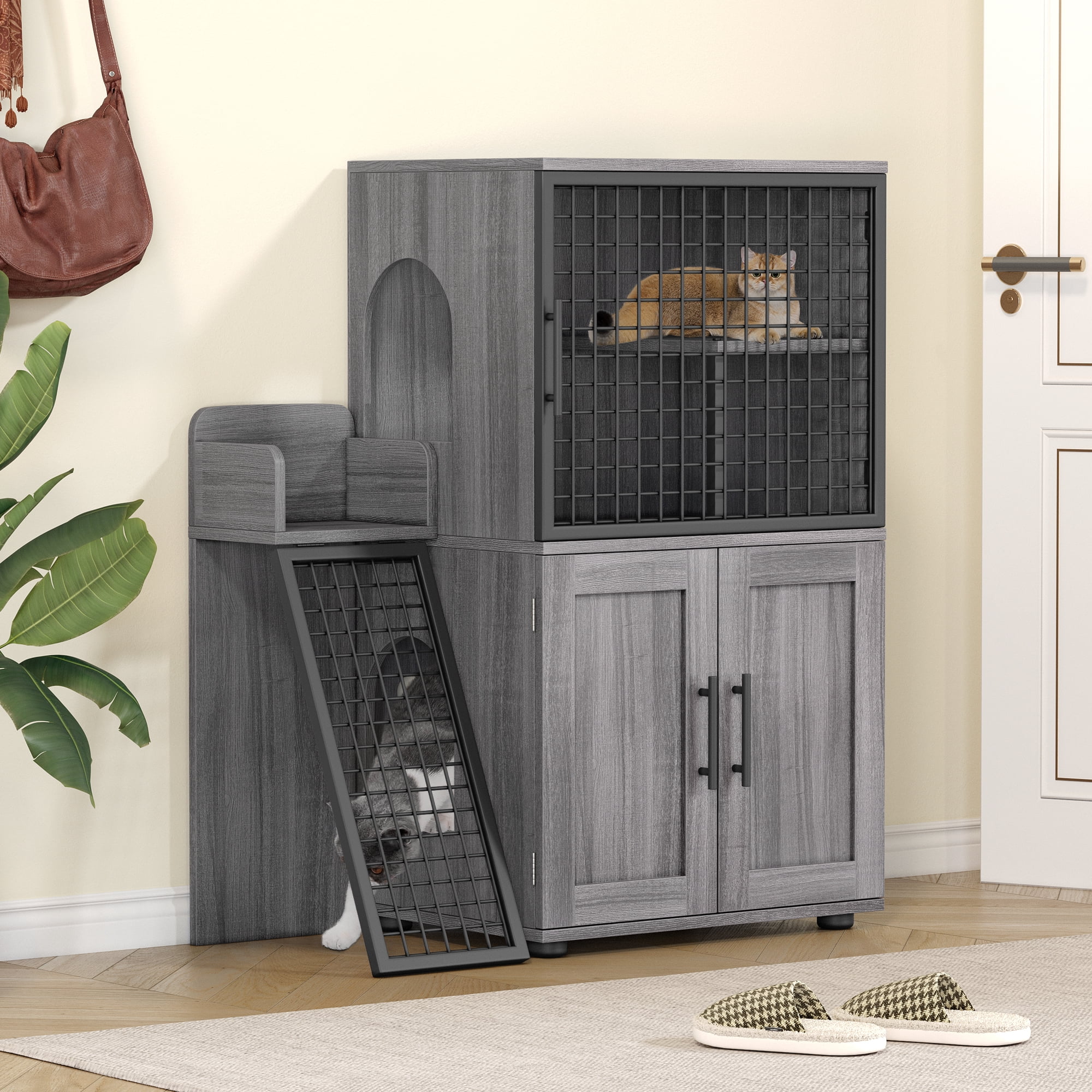 ChaoLink Cat Litter Box Enclosure with Platform, Double Layer Cat Litter Hidden Furniture, Modern Villa Cat Cabinet with Ladder, Cat Washroom Indoor, Wax WoodWax Wood