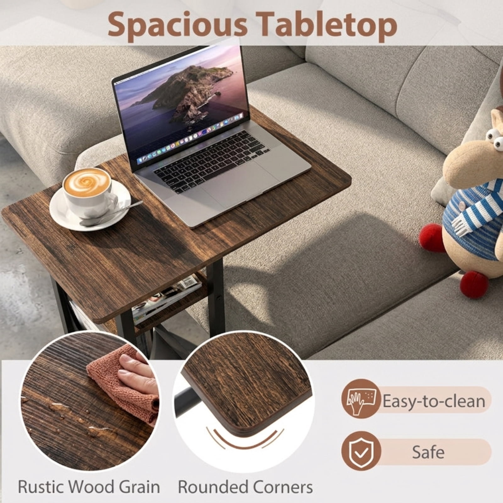 Furnibear C Shaped End Table with Charging Station and Retractable Tabletop for Sofa Couch Bedside and Small Living Room Narrow Spaces, Brown