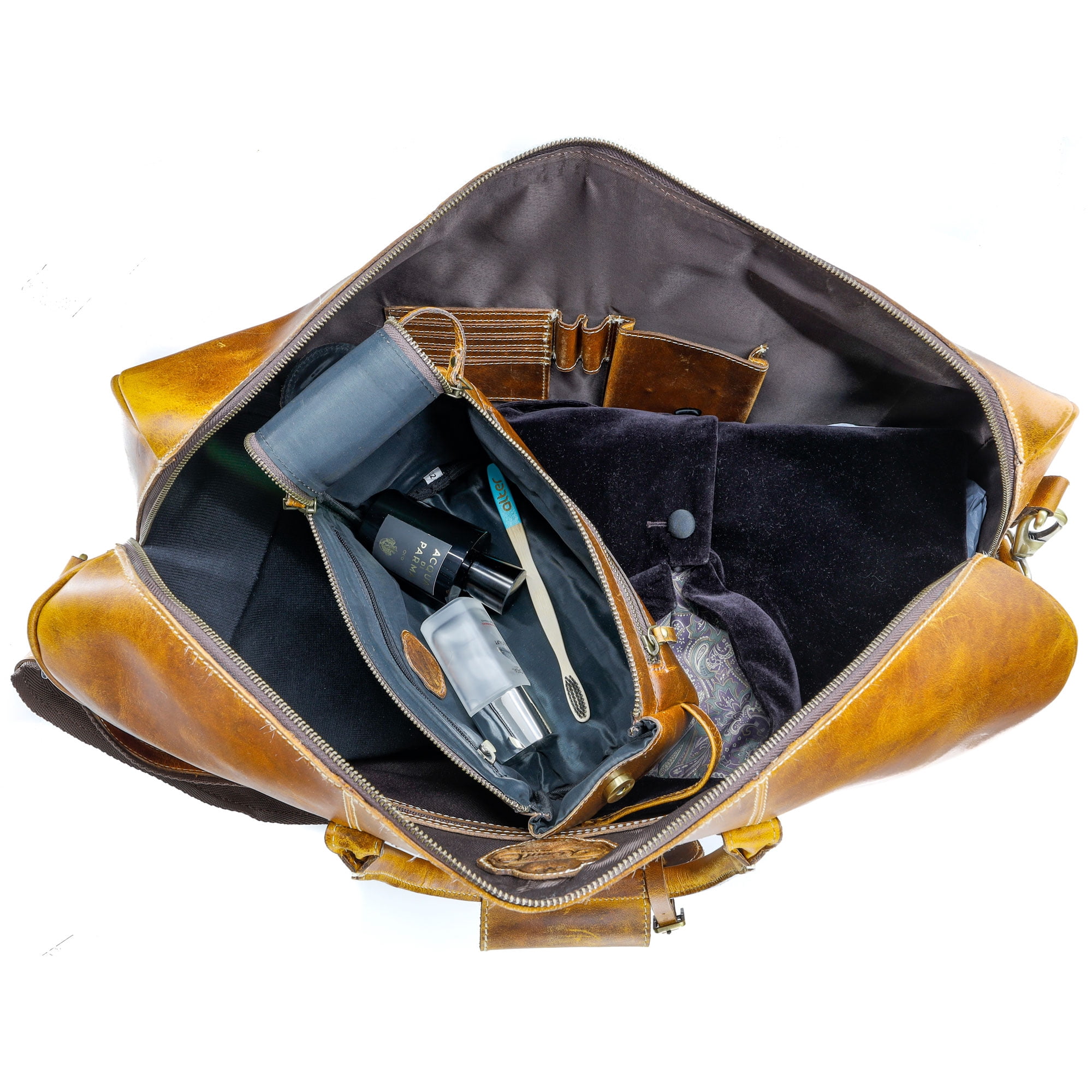 Men’s Full Grain Buffalo Leather Duffel Bag with Toiletry Kit – 24" Handmade Weekender Travel Bag with YKK Zippers & Brass Hardware
