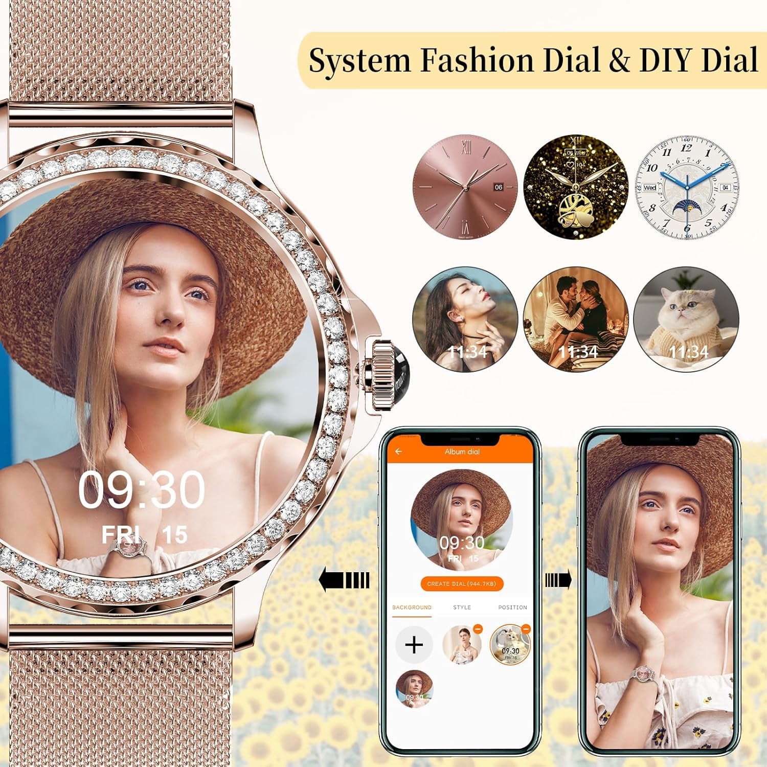 Smart Watches for Women (Answer/Make Call) with Diamonds, 1.3”HD Screen Bluetooth Smartwatch for Android iOS Phones, IP68 Waterproof Fitness Activity