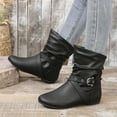 thumbnail image 2 of Women's Buckle Ankle Boots Flat Slouch Boots Faux Leather Buckle Booties Comfortable Slip On Short Boots Fall Winter Dress Shoes Black 39, 2 of 8
