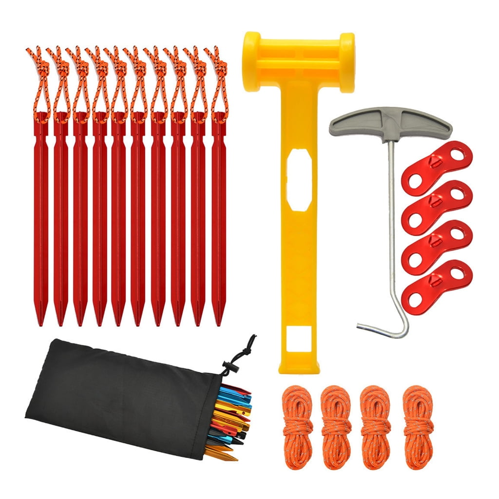 Secure Your Tent with 10xAluminum Stakes 4xNylon Guyline Rope 1xHammer Lightweight Camping Accessories for Outdoor Use