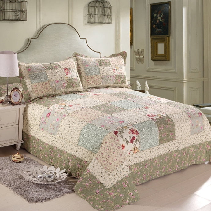 3 Pieces Green Floral Print Real Plaid Patchwork Bedspread Set, Soft