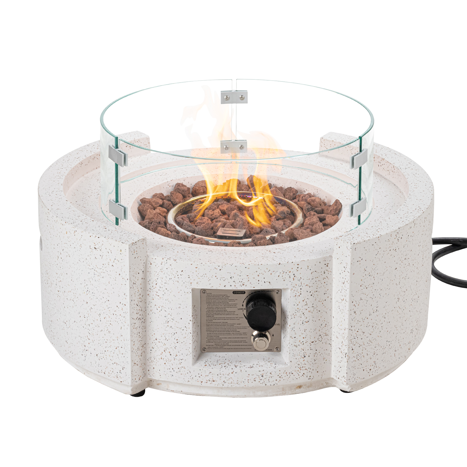 COSIEST Outdoor Propane Fire Pit Table w Terrazzo White Faux Stone 27.6-inch X 24.2-inch Round Base, 40,000 BTU Stainless Steel Burner, Wind Guard, Free Lava Rocks and Rain Cover