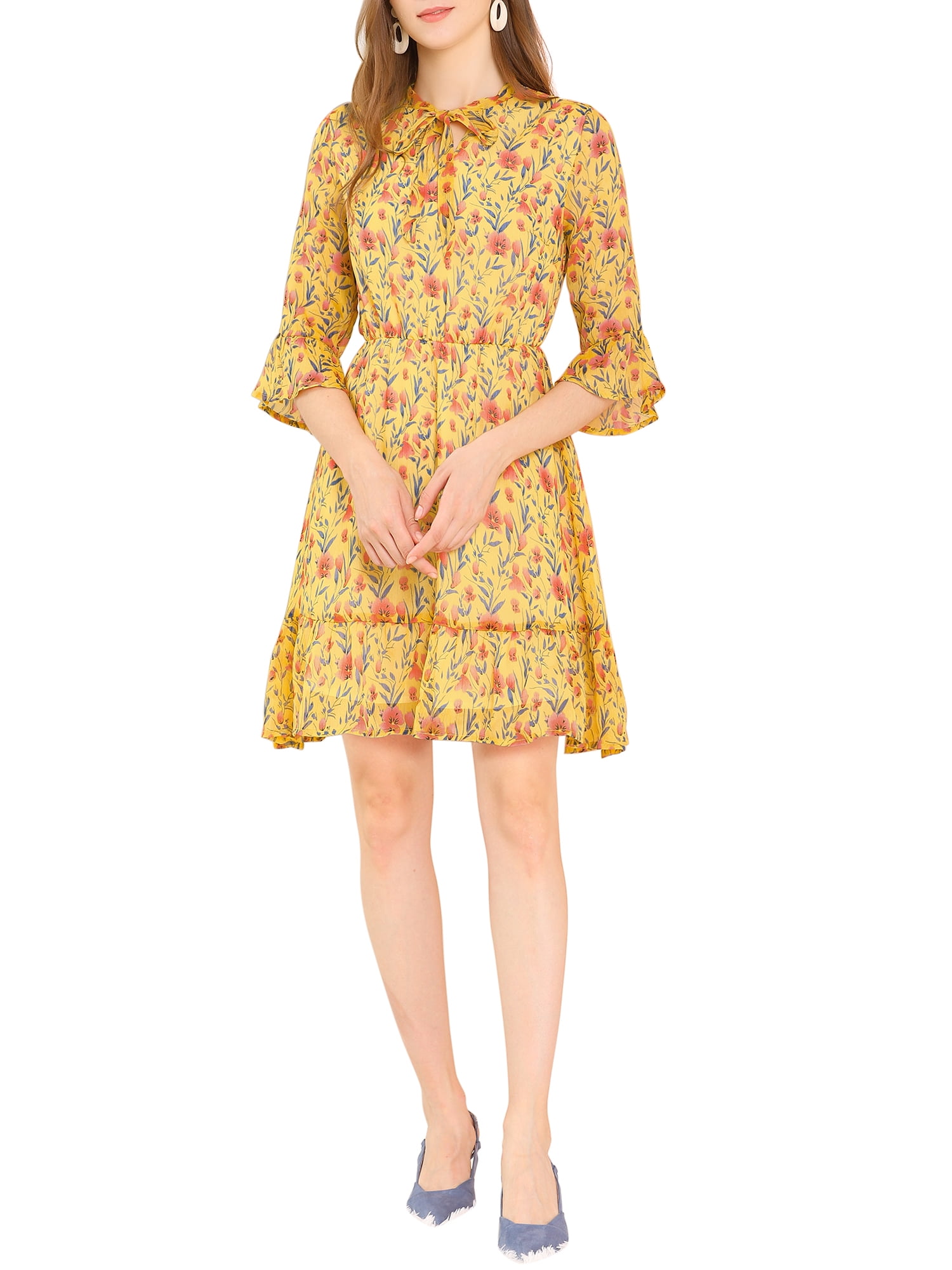 tie neck ruffle dress