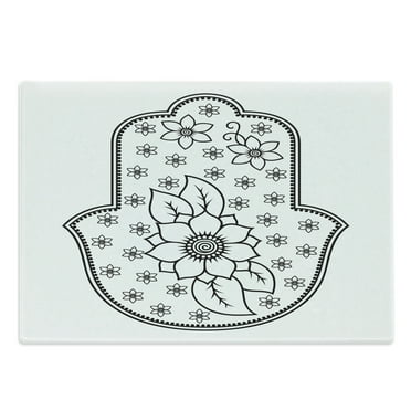 Hamsa Cutting Board, Lotus Blossoms Kabbalah Theme Floral Style Colorful Illustration, Decorative Tempered Glass Cutting and Serving Board, Large Size, White Black, by Ambesonne