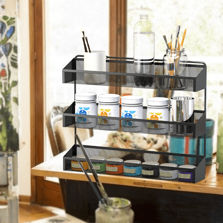 Wall Mount Spice Rack Organizer Mesh Seasoning Rack Hanging Spice Storage  Holder for Door-Black-2 Pack 2 Tier