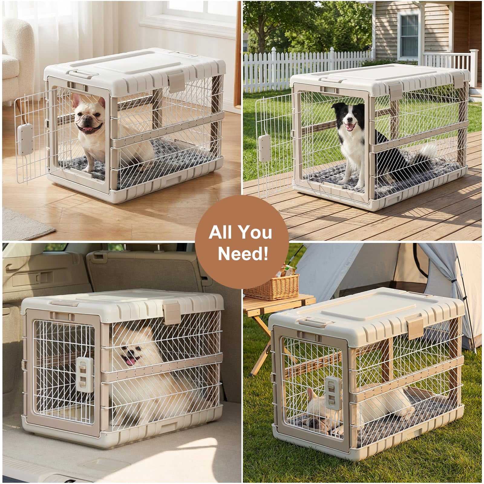 Collapsible Dog Crate With Bed Mat  28'' Foldable Kennel For Medium Dogs Tool-free Portable Cage 2 Rolling Wheels & Handles Pet Carrier Indoor Outdoor