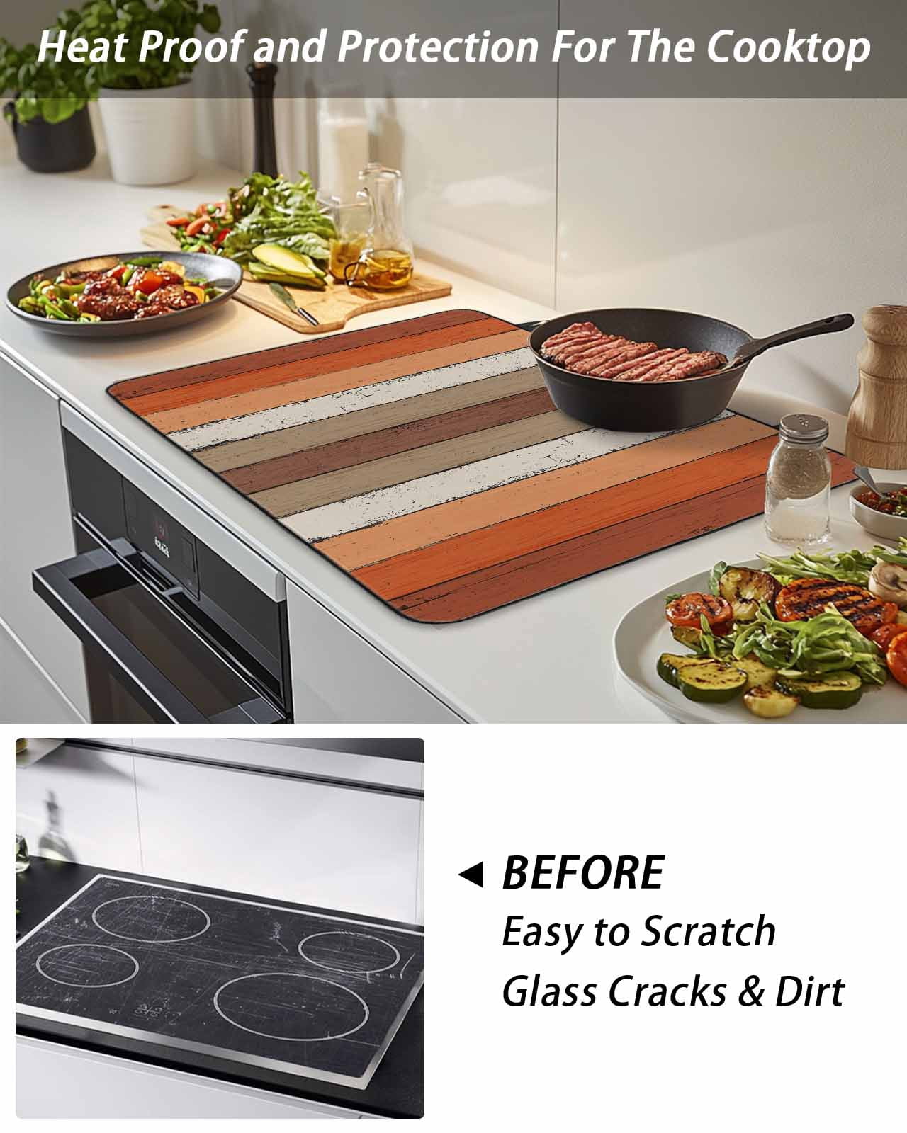 Stove Top Covers for Electric Stove, Burnt Orange Brown Glass Stovetop Cover Protector, Farmhouse Vintage Wooden Induction Cooktop Protector Oven Mat for Kitchen Countertop 36"x21"
