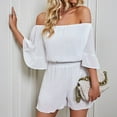 thumbnail image 6 of Women Boho Off Shoulder Summer Chiffon Romper Casual One Piece Strapless 3/4 Bell Sleeve Shorts Tube Top Jumpsuit, 6 of 7
