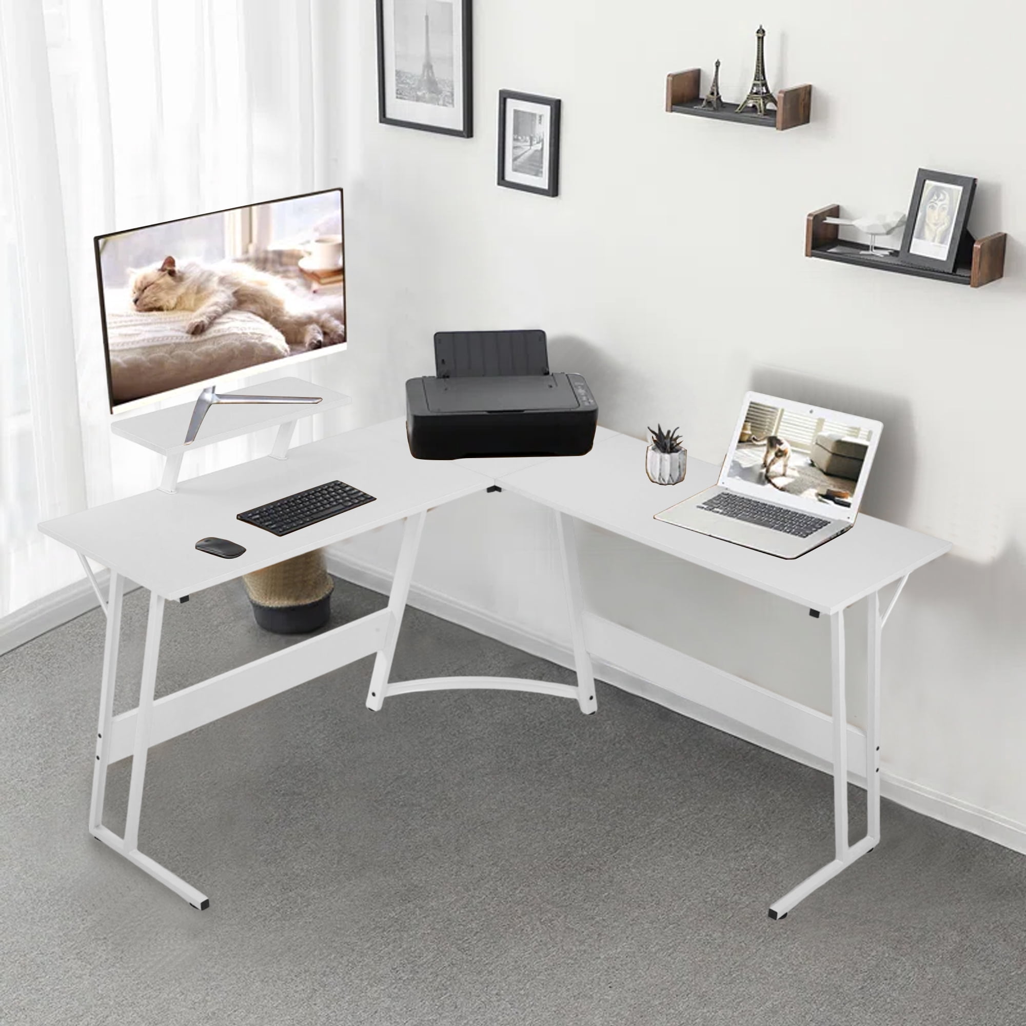YRLLENSDAN Adjustable Feet L Shaped Gaming Desk with Monitor Stand, White
