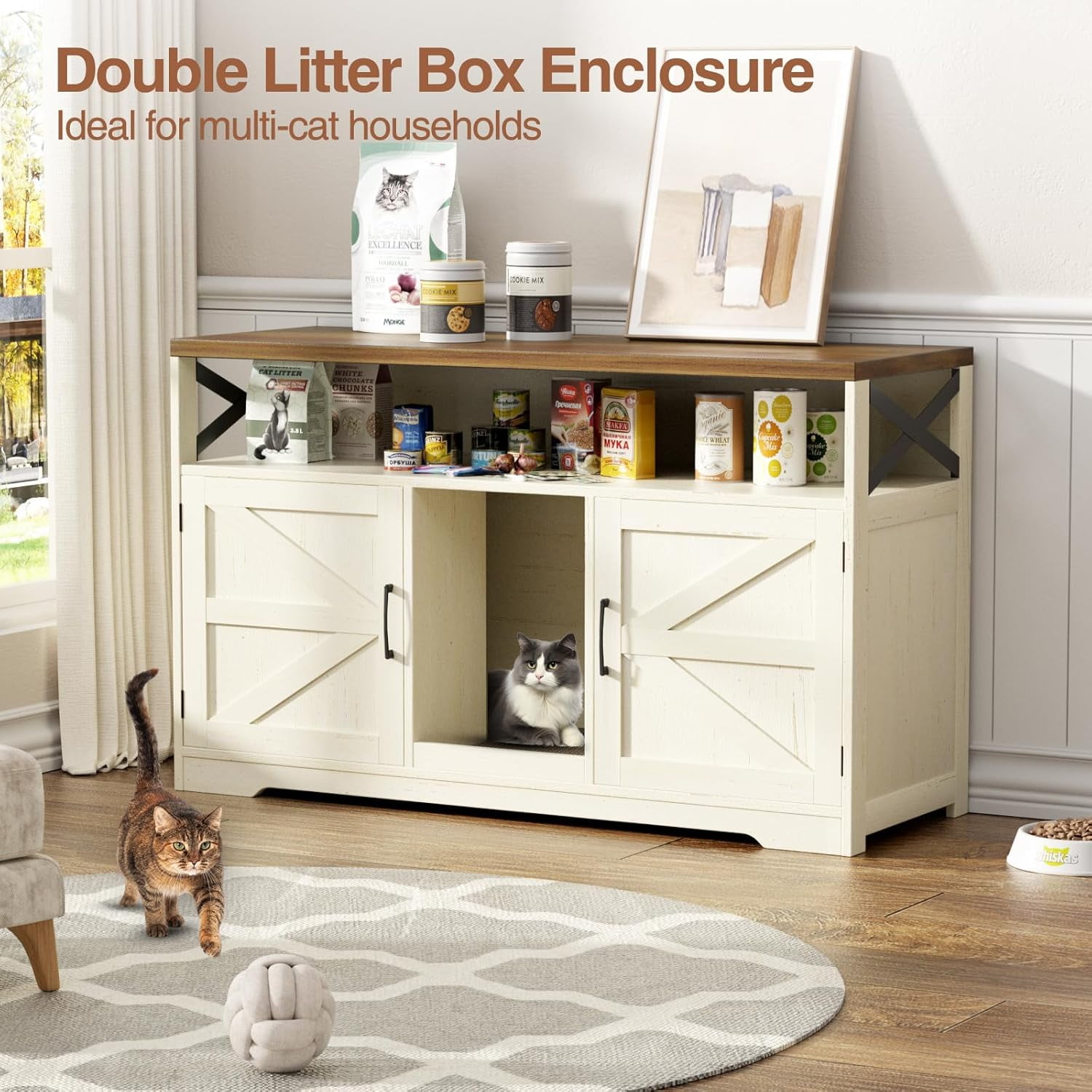 VEANERWOOD 47" Large Wood Cat Litter Box Enclosure, Hidden Cat House Washroom Furniture with Scratch Pad and Storage Shelf