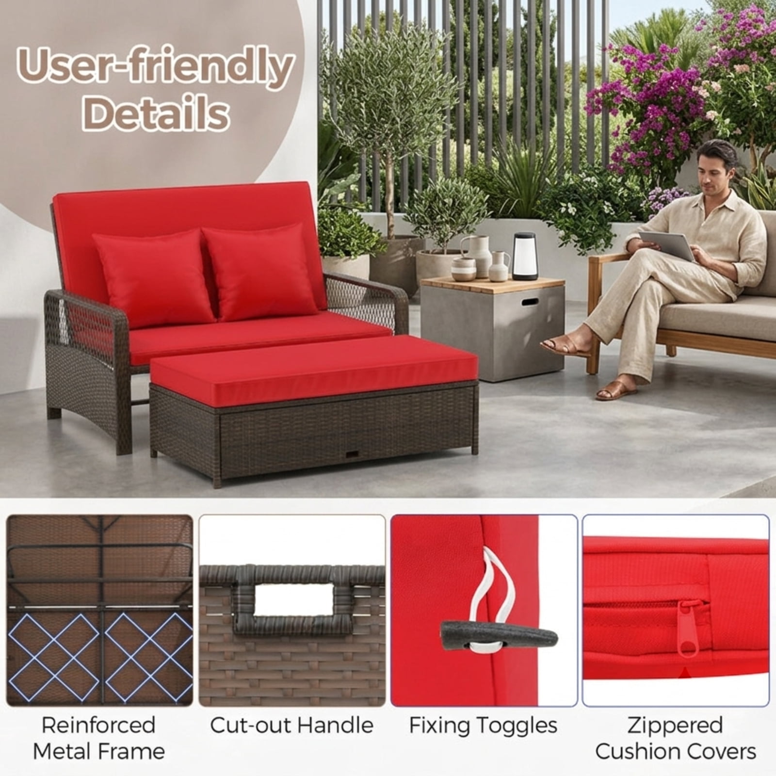 Furnibear Red Patio Wicker Daybed, 4-Position Reclining PE Rattan Loveseat with Storage Ottoman, Convertible Outdoor Sofa for Poolside, 800 LBS