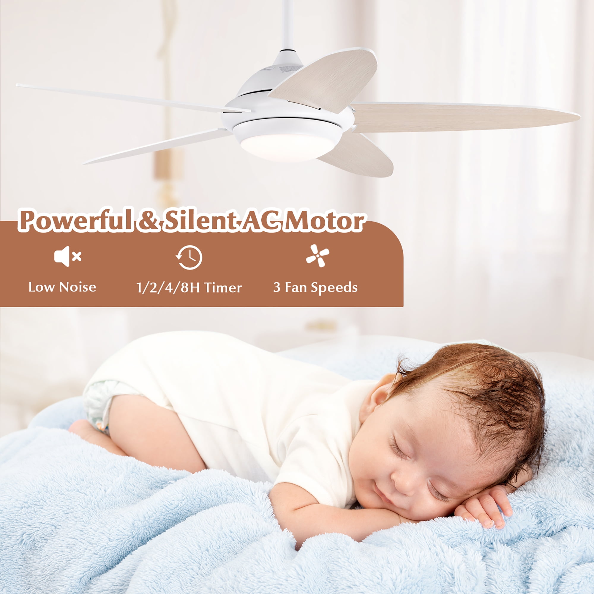 Costway 52'' Ceiling Fan with LED Lights & Remote Control 1/2/4/8H Timer & 3 Fan Speeds