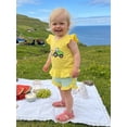 thumbnail image 5 of BemeyourBBs Toddler Baby Girls Summer Clothes 2 Piece Outfits Baby Christening Clothes God Is Good All the Time Letter Bow Embroidery Flying Sleeve T Shirt Tops and Ruffle Shorts Set, 5 of 9