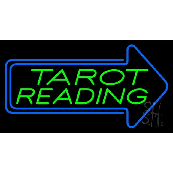 Green Tarot Reading With Blue Arrow LED Neon Sign 13" Tall x 24" Wide - inches Black Square Cut Acrylic Backing, with Dimmer - Bright and Premium built indoor LED Neon Sign for Storefront.