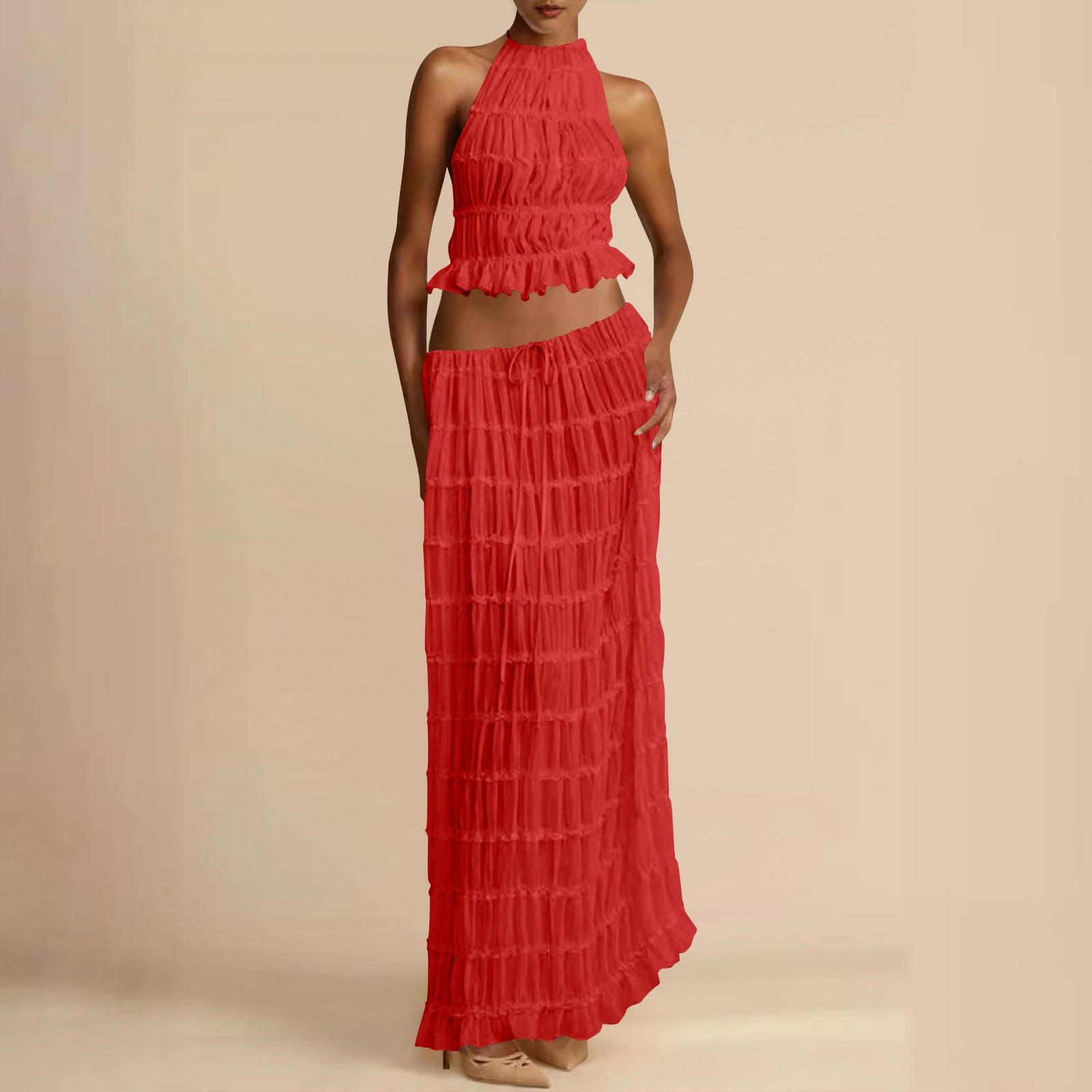 Womens Y2k Skirt Set Backless Lace Halter Crop Top and Long Skirt Sets Beach Cocktail Club Dress Fashion Outfit