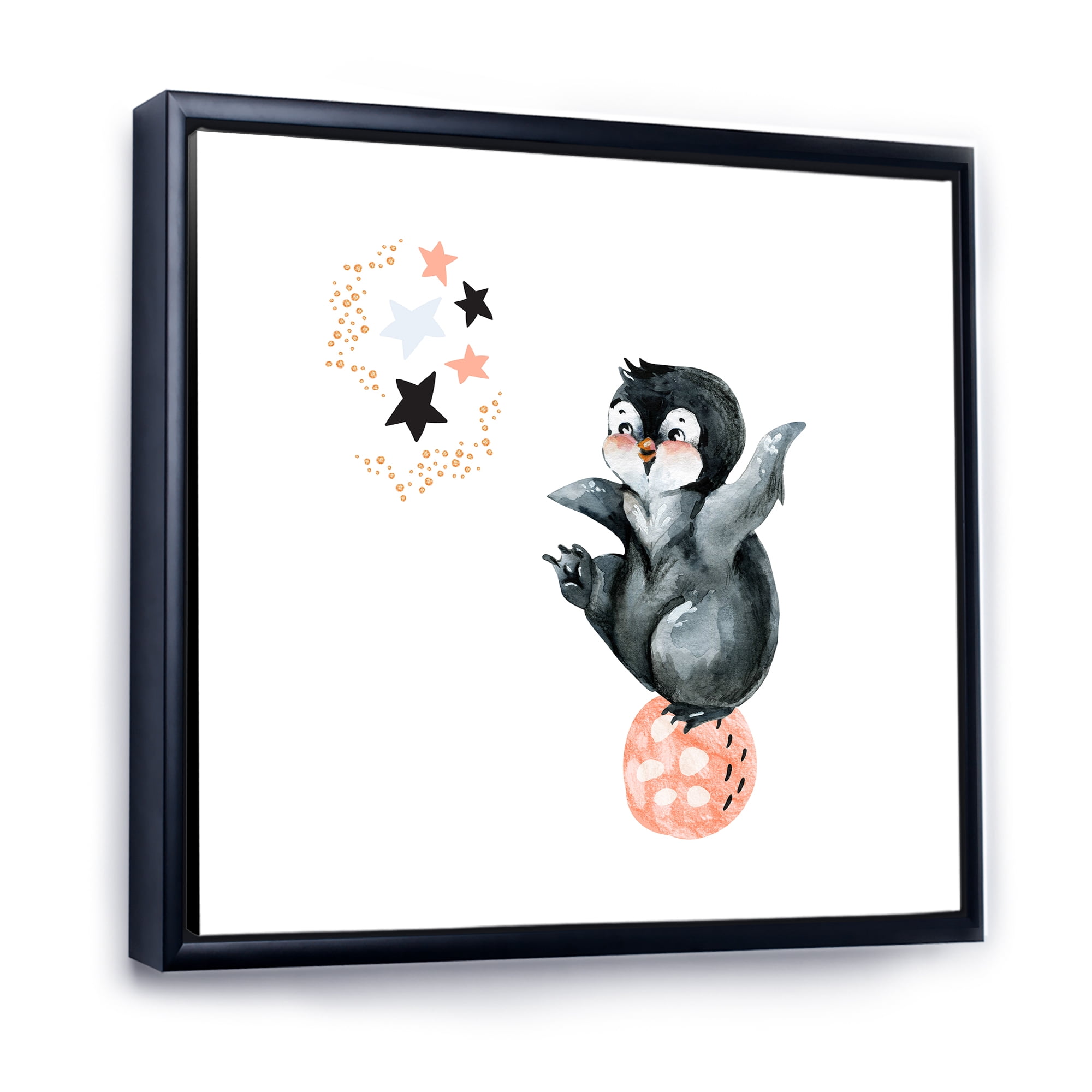 Designart 'Little Penguin With Planets and Stars II' Farmhouse Framed Canvas Wall Art Print