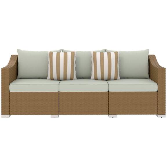 Homiyad Rattan Wicker 3 Seater Patio Couch with Cushions, 2 Throw Pillows, Outdoor Furniture Rattan Sofa, Light Gray