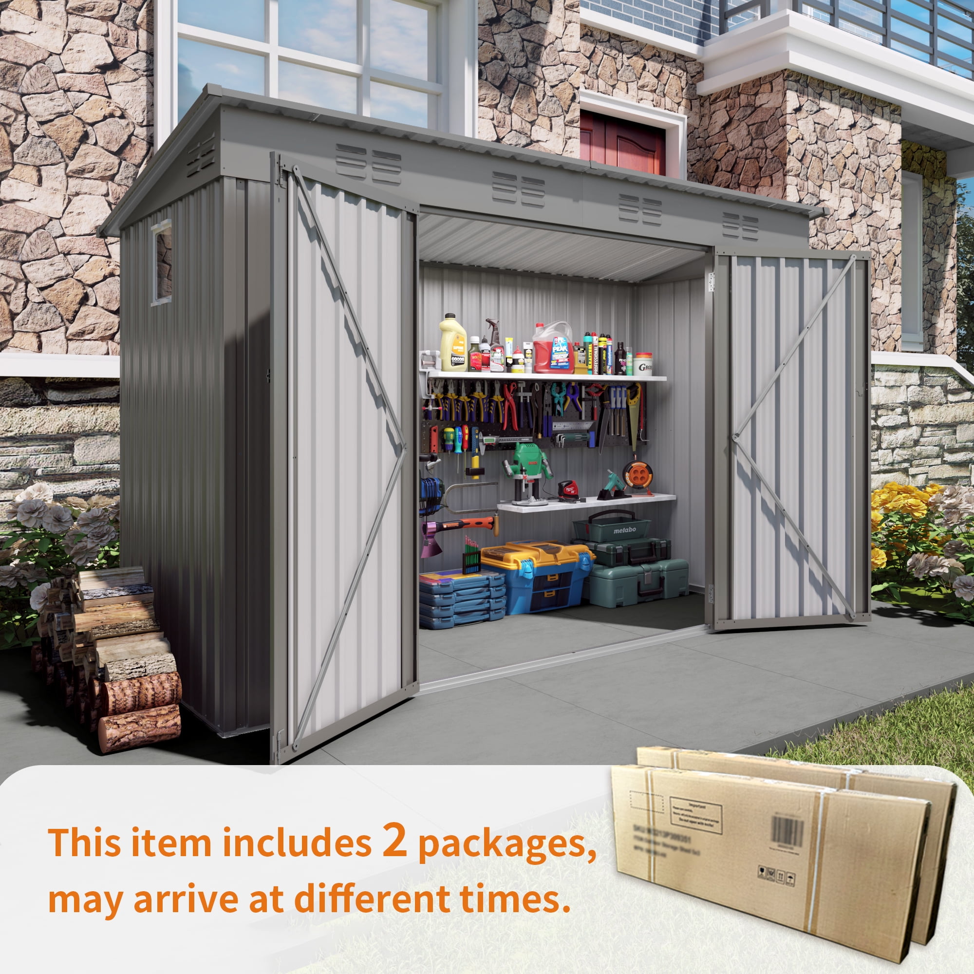 Leumius 4x9 FT Outdoor Storage Shed, Metal Garden Shed Tool House with Sloping Roof,6 Vents and 2 Swing Doors for Backyard, Garden, Patio, Garage, Lawn, Gray
