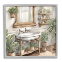 Stupell Industries Bathroom View with Plants Botanical & Floral Painting Gray Framed Art Print Wall Art, 17 x 17