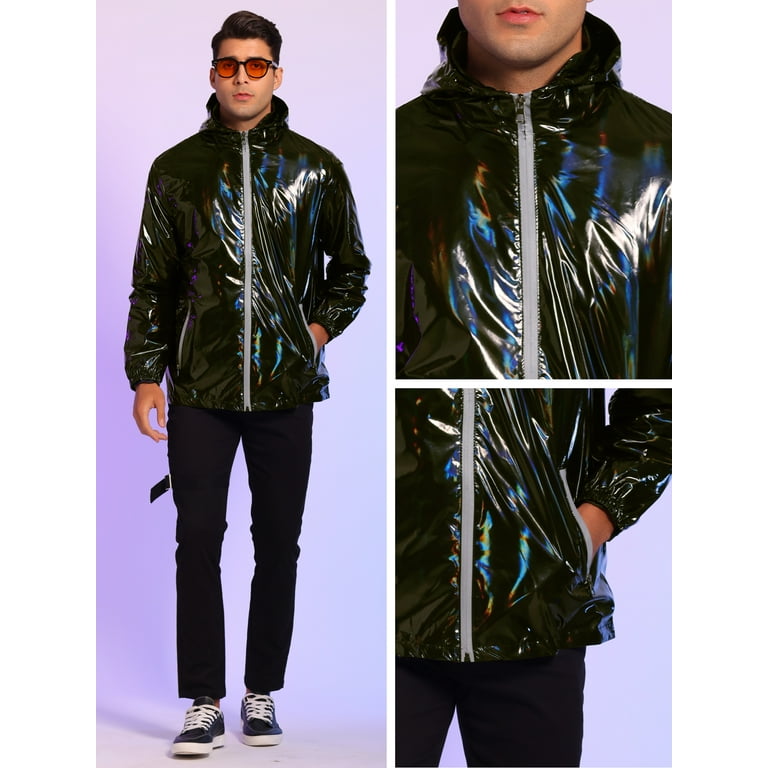 Unique Bargains Men s Metallic Solid Zipper Holographic Hooded Windbreaker Jacket S Black Walmart