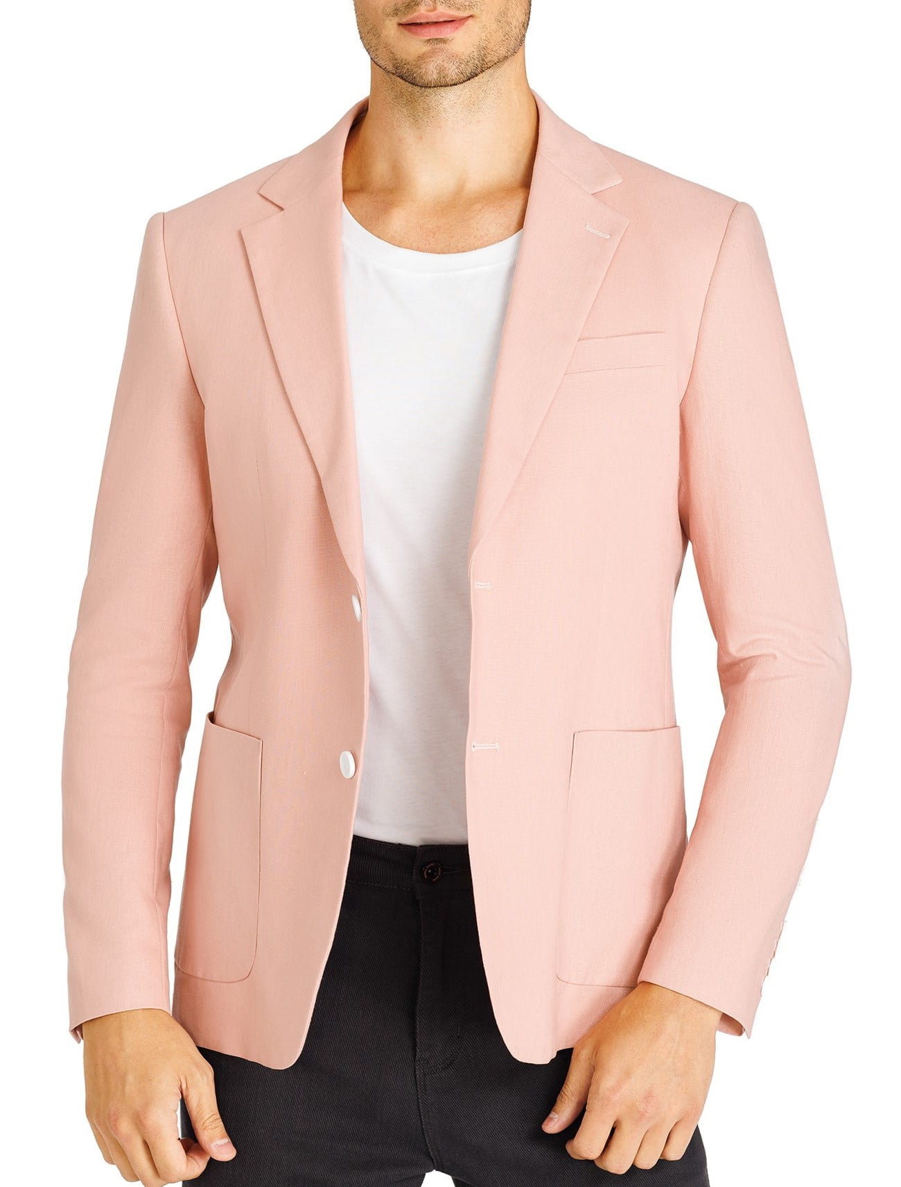 1PA1 Men's Linen Blend Suit Jacket Two Button Business Wedding Slim Fit Blazer,Pink,S