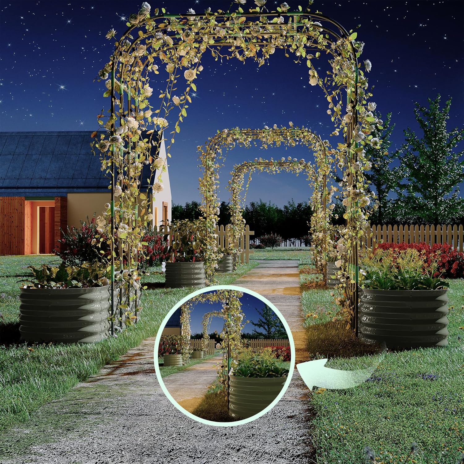 Expandable Arch Trellis Raised Bed Kit – 95” Metal Garden System with Vertical Netting, Plant Ties, and Drainage Design for Vegetables, Flowers