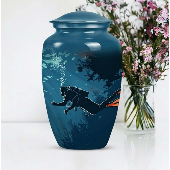 Scuba Diver Cremation Urn for Human Ashes - Artistic Large Aluminum Urn for Adult Female, Memorial Keepsake, Decorative Burial Urn, 10",3"