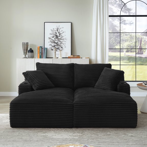 Lisonu Black Corduroy Double Chaise Sleeper Loveseat with Cupholders — No Assembly, Compressed Expandable Sofa with Spring Padding, Plush Modern Fluffy 2-Seat for Living Room & Bedroom