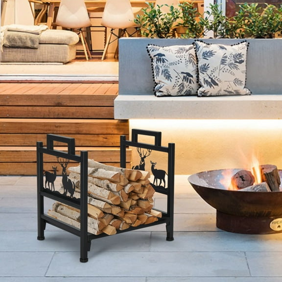 Single Layer Firewood Holder with Animal Pattern – Black Weatherproof Iron Log Rack, Outdoor Firewood Storage with Tool Hooks