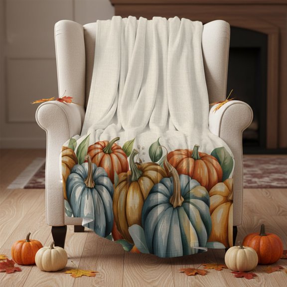Throw Blanket Fleece Throw Blanket 40x50in, Vintage Autumn Pumpkins Soft Lightweight Bed Blankets Country Plant on Linen Fuzzy Couch Blankets for All Season