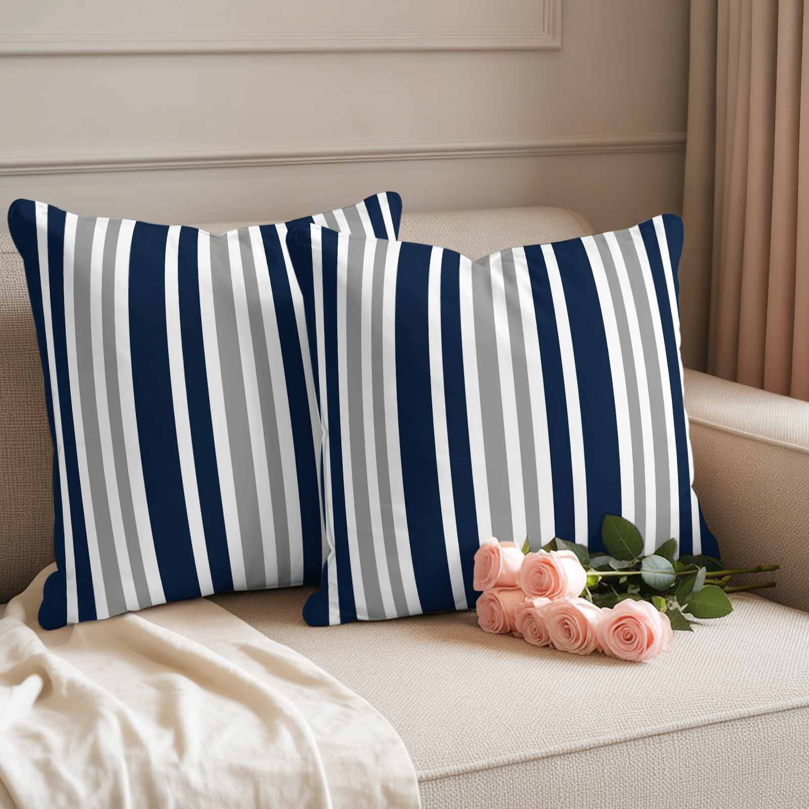 Navy Blue Grey Striped Outdoor Waterproof Pillow Covers, Modern Minimalist Ombre Lines Decorative Square Throw Pillowcase Sofa Cushion Sham for Patio/Couch/Chair, 24"x24" 2 Pack