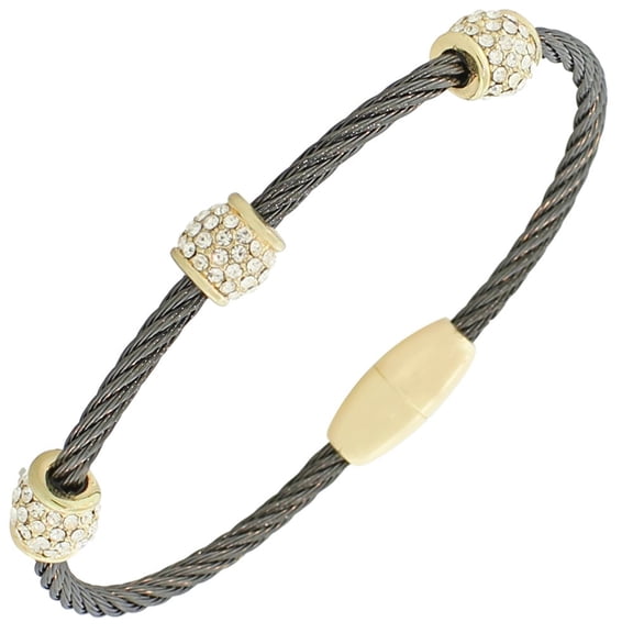Fashion Alloy Black Yellow Gold-Tone White CZ Twisted Cable Bangle Bracelet