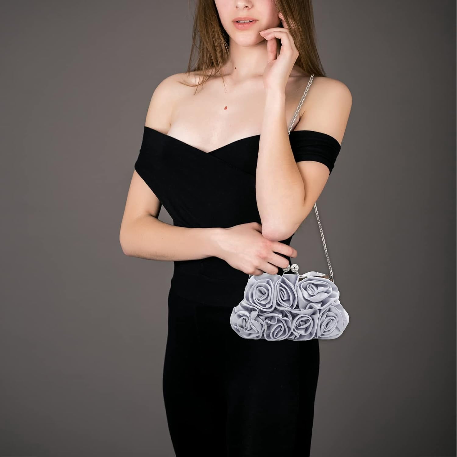 Women Evening Clutch Bag Floral Satin Small Purses with Detachable Strap for Wedding, Party, Prom