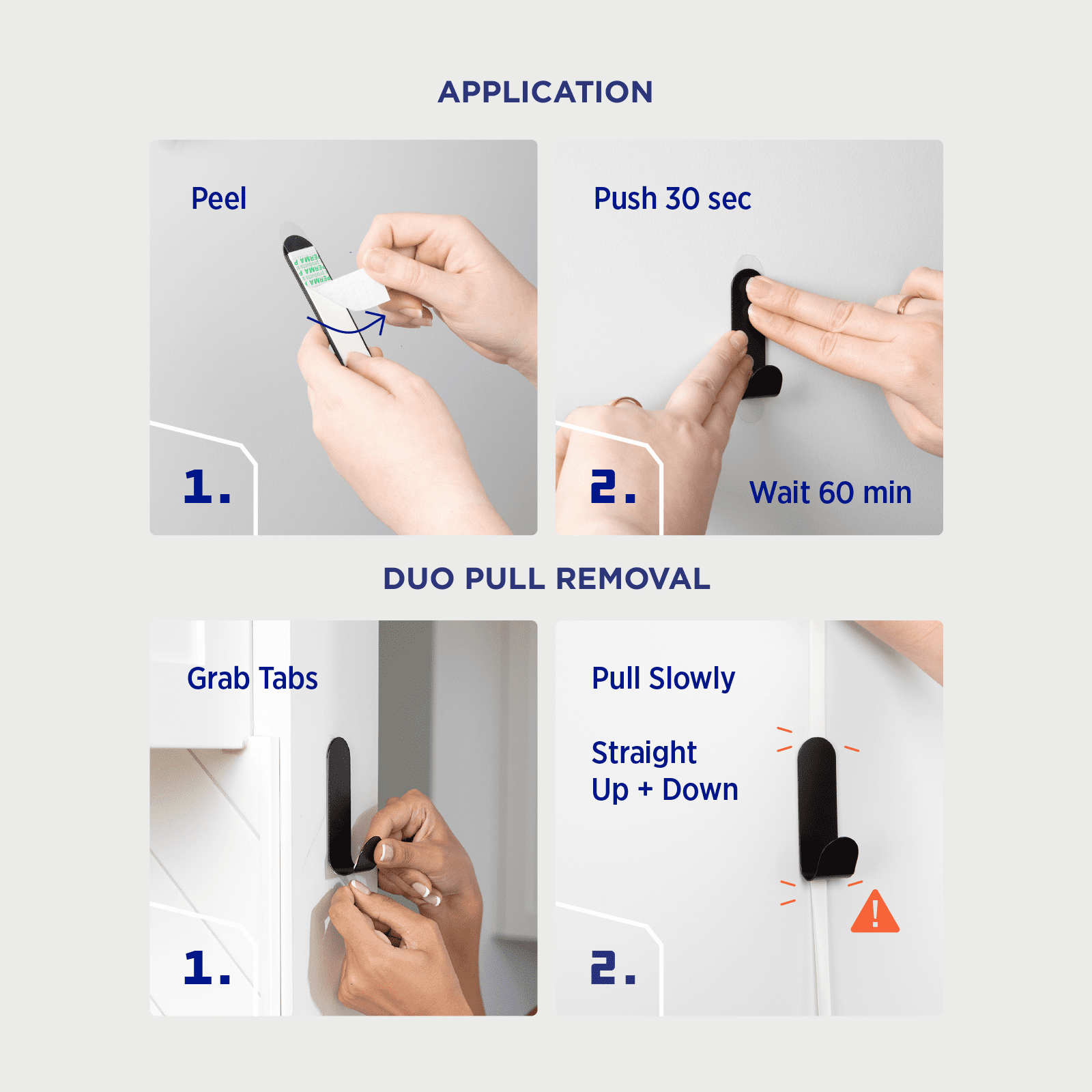 Permastik Adhesive Wall Hooks (8 Pack) – Damage-Free Removable Hooks, Mixed Sizes (2 Small, 4 Medium, 2 Large), Black Metal for Kitchen & Bathroom