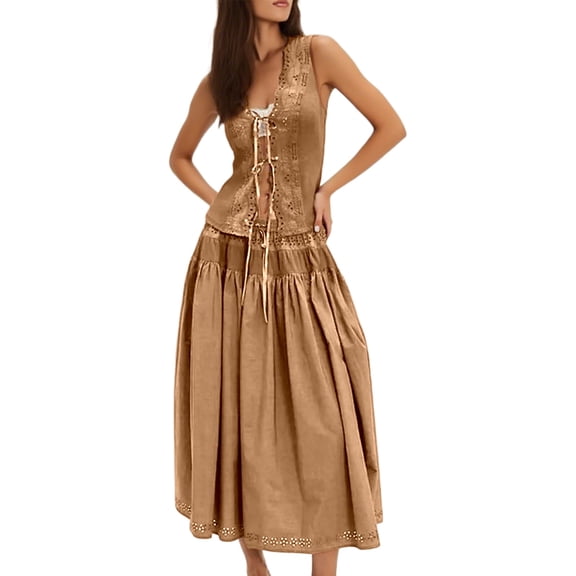 DHFJKG Skirt Sets Women 2 Piece Outfits Summer Boho Sleeveless Hallow Out Lace Up Tank Top Long Maxi Skirts Deep V Neck Beach Vacation Clothes Versatile Outfit