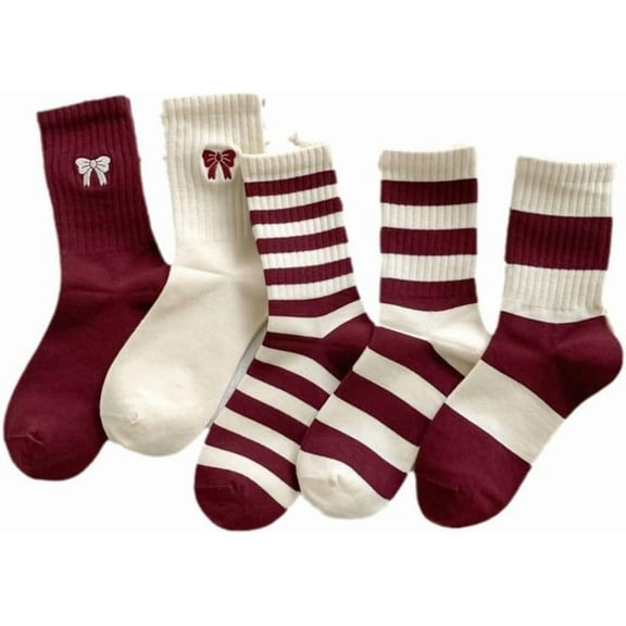 Fashion Red Socks for WomenCute Stripe & Bow Pattern Ankle Crew Socks Holiday Gifts for Women 5 Pairs
