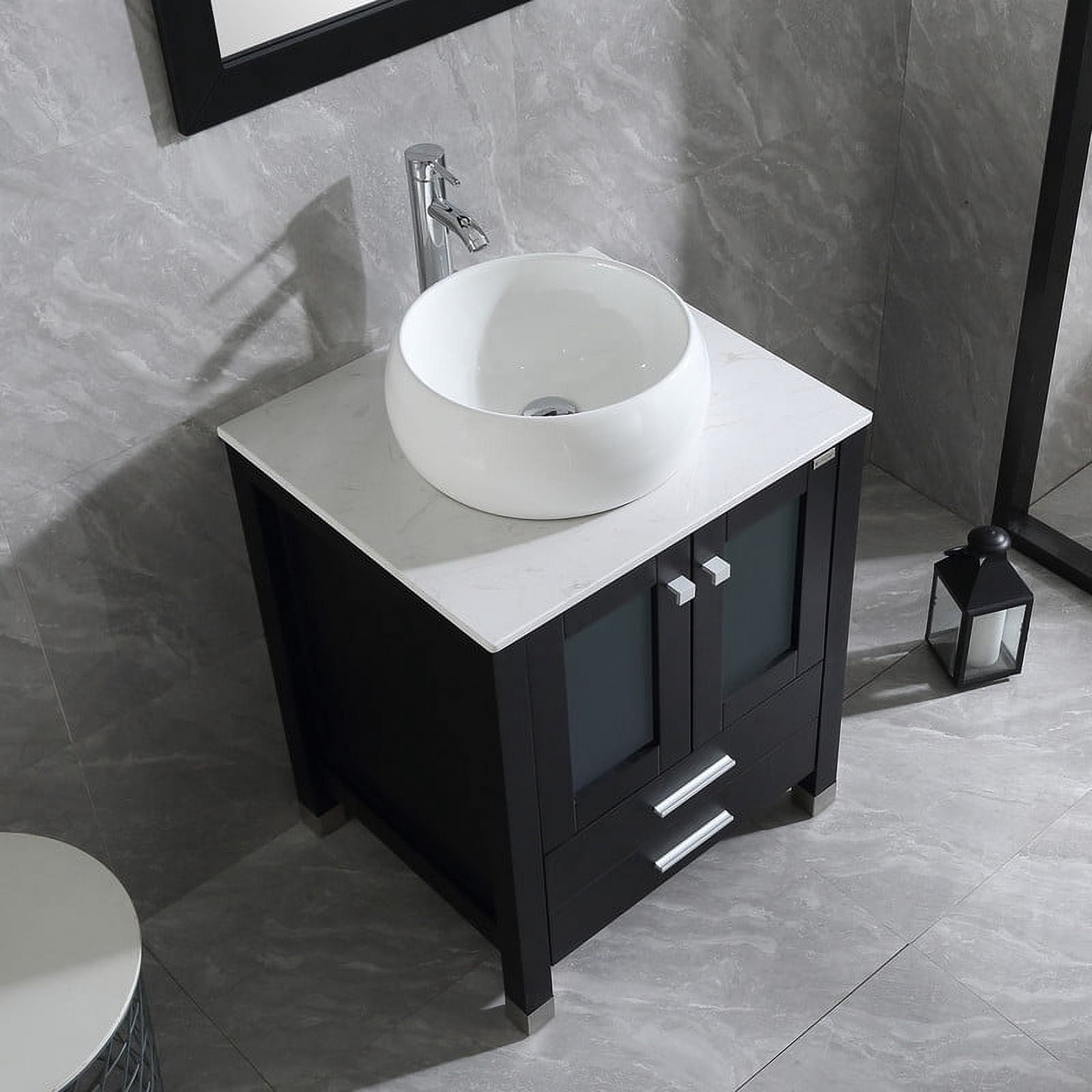Walsport 24" Luxurious Bathroom Vanity Set with Mirror Black Cabinet and White Ceramic Vessel Sink 2 Large Sliding Drawers and 2-Door Pop-up Drain Faucet