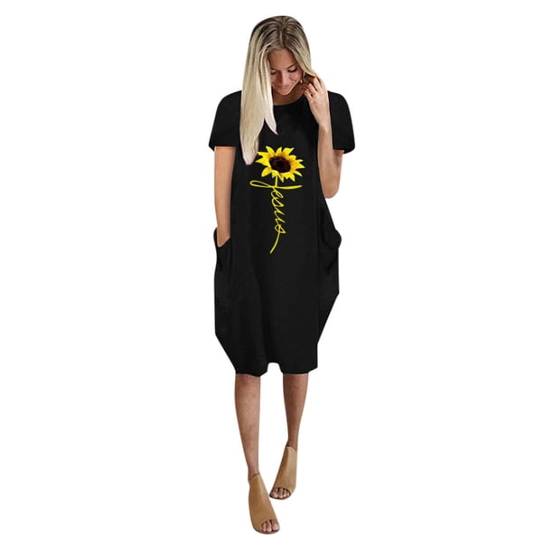 Gibobby Vestido de Verano para Mujer Bolsillo de manga para mujer Vestido de tamaño Baggy Jumper Pullover Short Mini Ladies Women's Dress(Negro,CH)