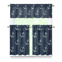 Kitchen Curtains 36 Inch Short - 3 Panel Set, Nautical Anchor Lighthouse Coastal Design, Rod Pocket Window Curtain for Beach House, Marine Ocean Wave Pattern, Easy Wash
