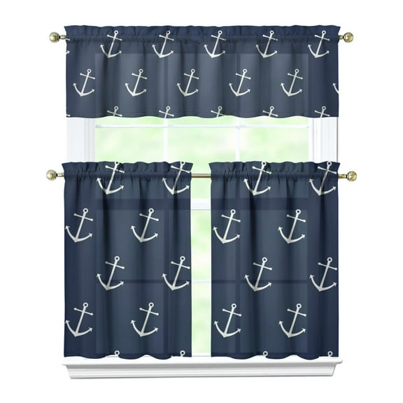 Kitchen Curtains 36 Inch Short - 3 Panel Set, Nautical Anchor Lighthouse Coastal Design, Rod Pocket Window Curtain for Beach House, Marine Ocean Wave Pattern, Easy Wash