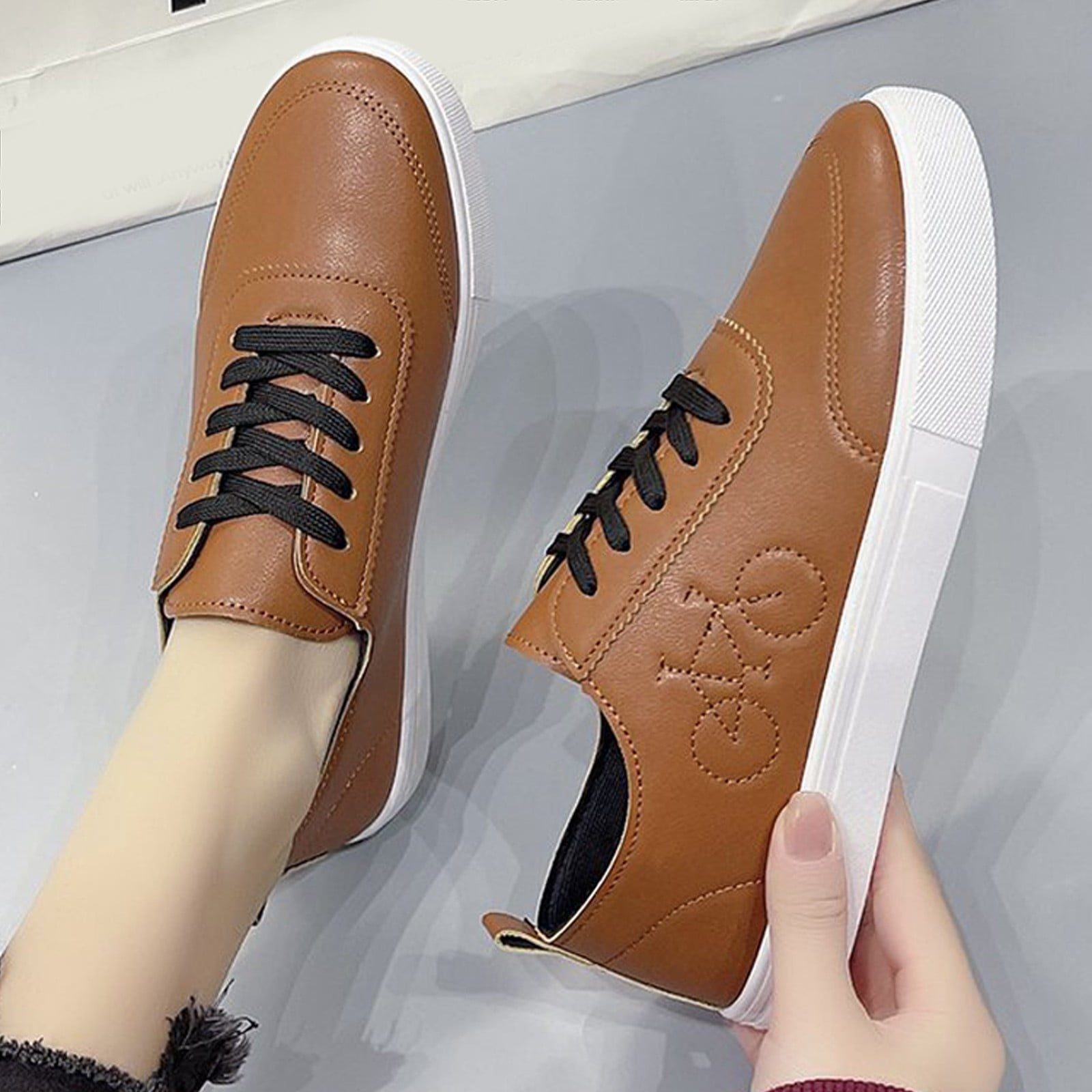 Eashery Slip Resistant Shoes For Women Business Casual Shoes Ladies Fashion  Solid Color Leather Pointed Buckle Thick Heel Casual Shoes Brown 6.5 