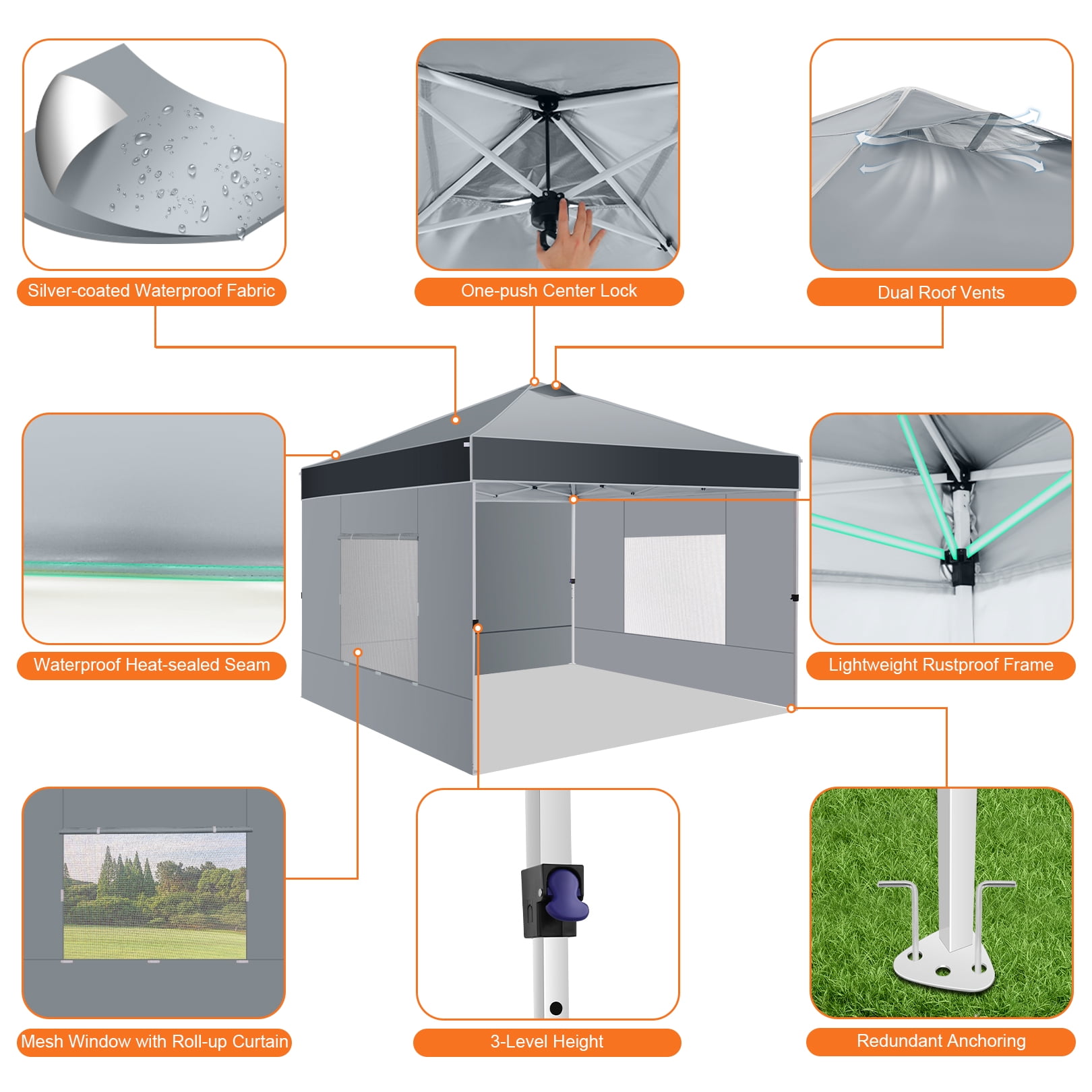 HOTEEL Canopy 10x10 Pop up Canopy Tent with 4 Sidewalls, Outdoor Pop up Gazebo for Parties Sun Shade Party Commercial Canopy with Air Vent & One Push Central Button, Dark Gray