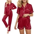 thumbnail image 4 of VISALY 4 piece pajama set for women Satin Pajama Set for Women, Women's Ice Silk Thin Imitation Silk Short Long Sleeve Home Clothes Four Piece, Cooling Pajamas Womens Pajama Shorts, Wine,XL, 4 of 5